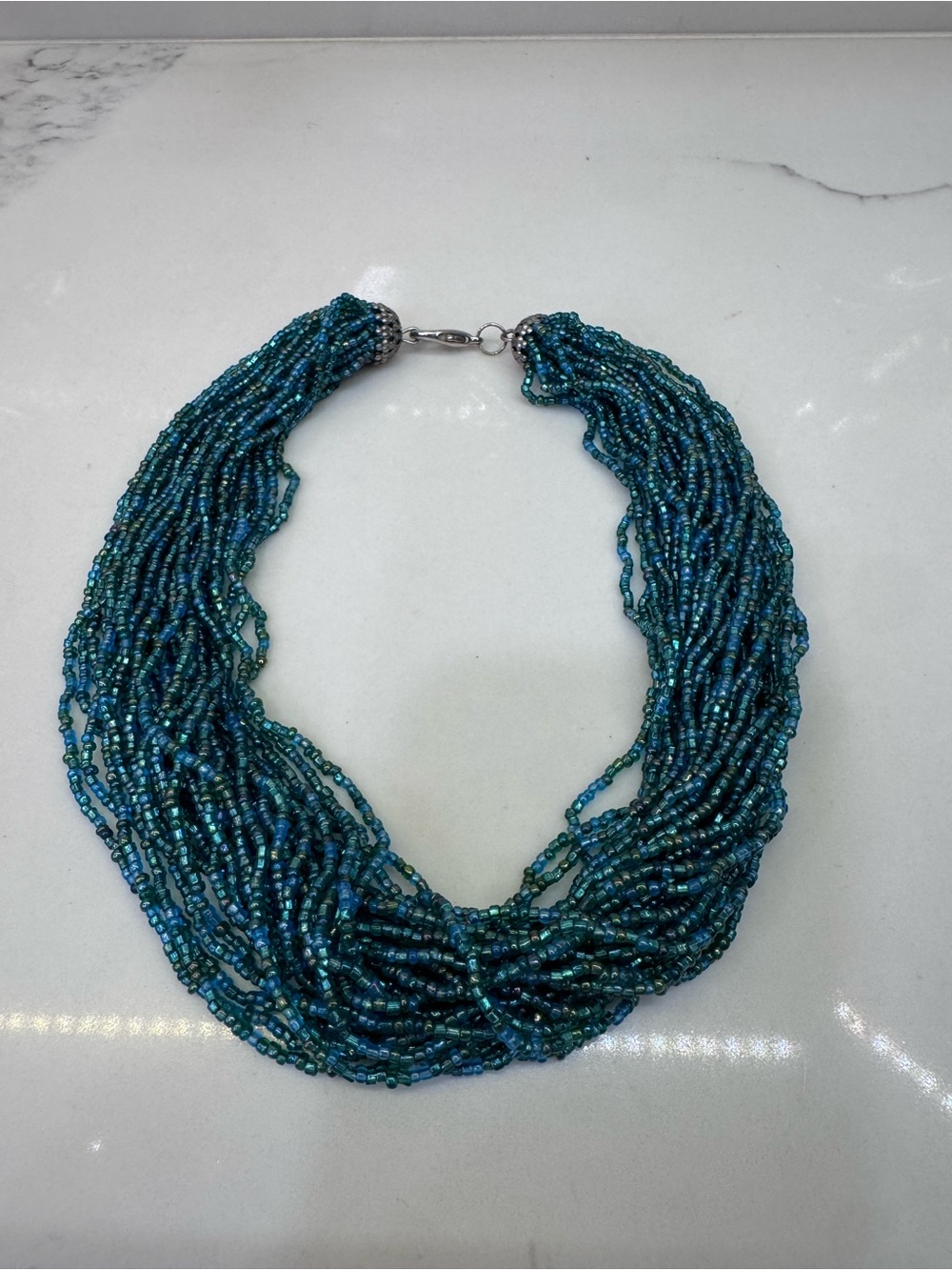 Multistrand Teal Seed Bead Necklace - Women's Jewelry-Choker Fit